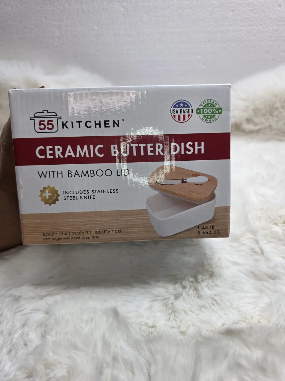 White Ceramic Butter Dish with Bamboo Lid and Spreader